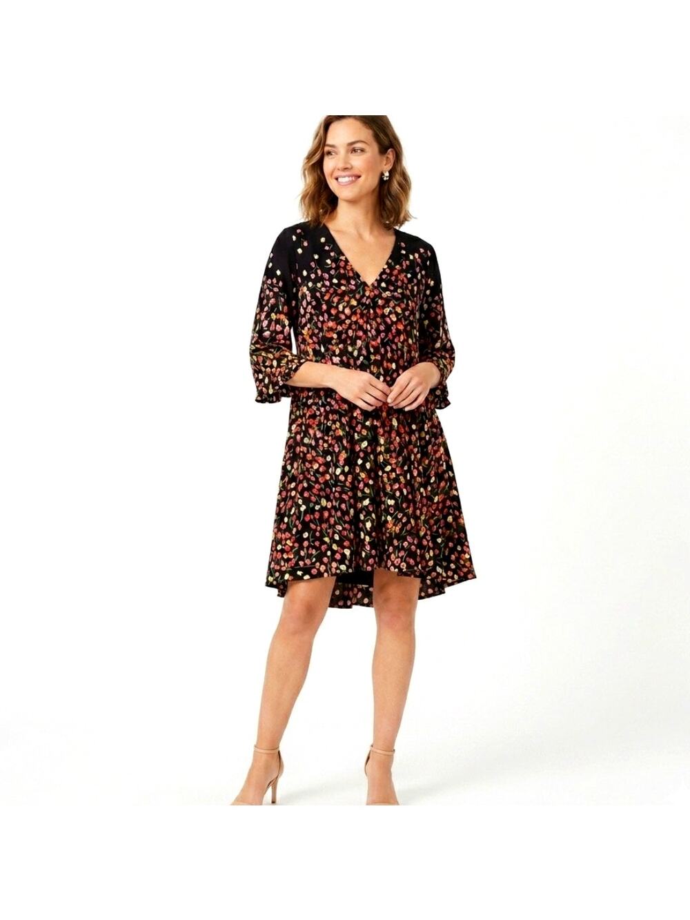 Uncle Frank Floral 3/4 Sleeve Dress Black Flower Ombre Size Medium USA Summer